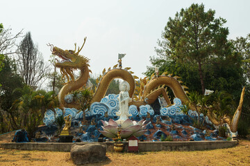 THA TON, CHIANG MAI, THAILAND - MARCH 2020: The giant dragon fountain is surrounded by rainforest....