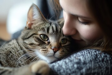 Relaxed black tabby cat resting on owner's lap in a cozy home setting
