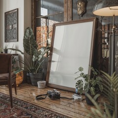 modern interior, with vintage elements, some minimalistic plants, big modern frame with all white picture in the center , camera in front of frame
