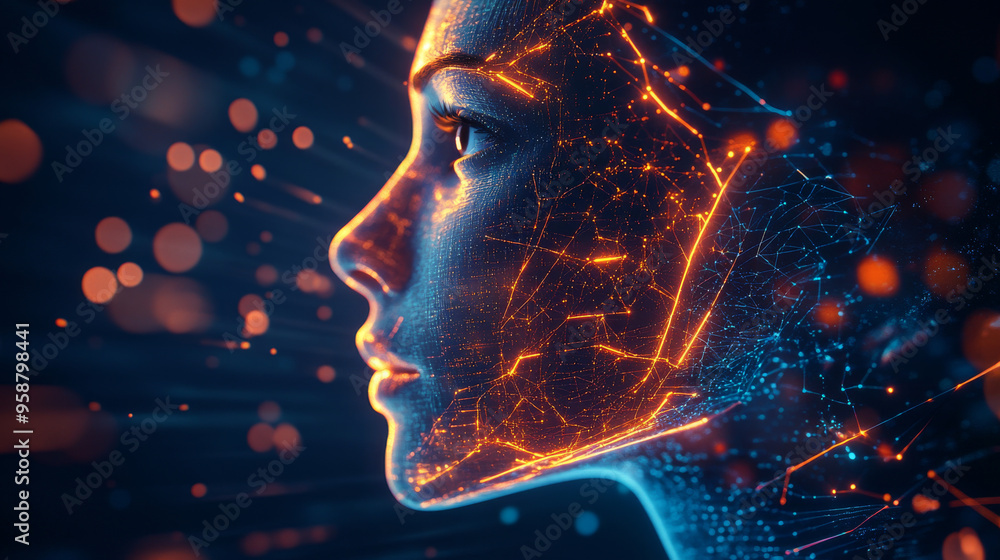 Poster a glowing face appears in a digital world. this futuristic artwork shows the connection between huma