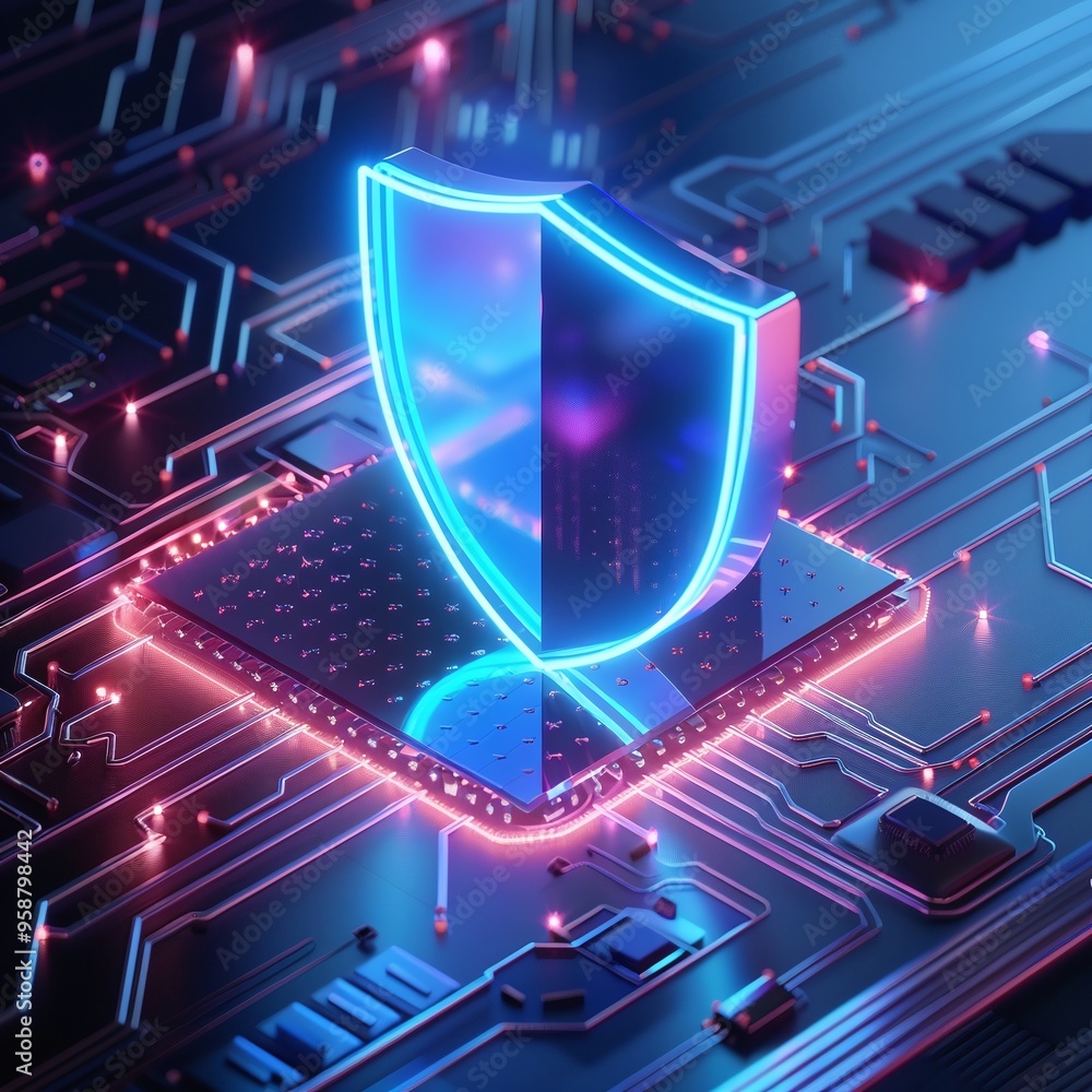 Poster futuristic cybersecurity concept with a glowing shield icon on a circuit board, representing data pr