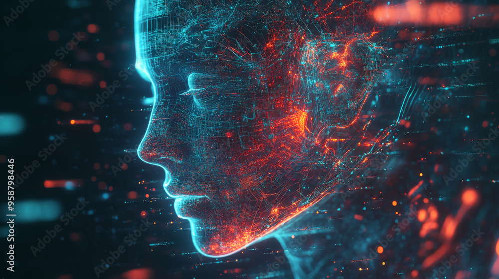 Poster a glowing face appears in a digital world. this futuristic artwork shows the connection between huma