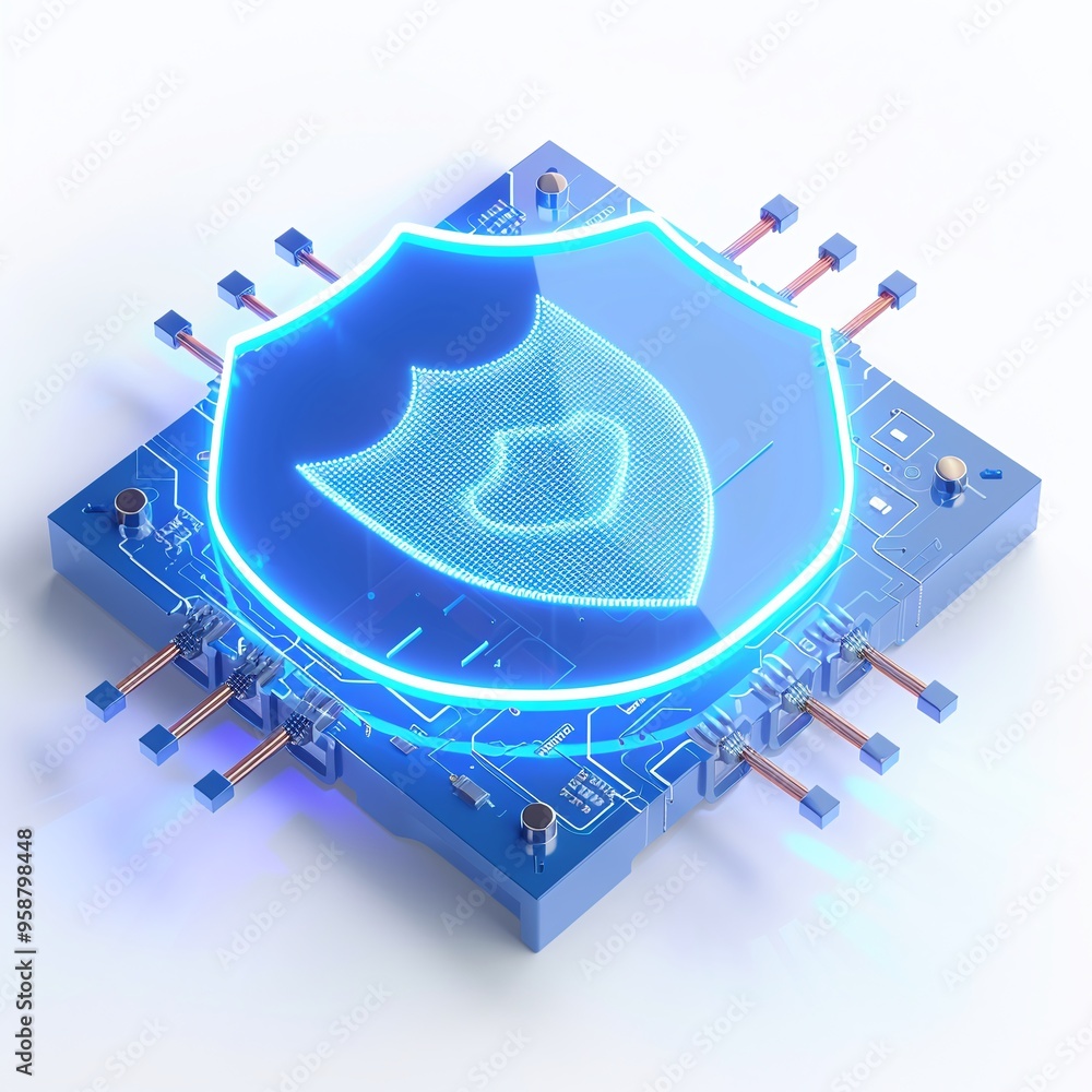 Aufkleber futuristic cybersecurity concept with a glowing shield over a microchip, representing data protectio