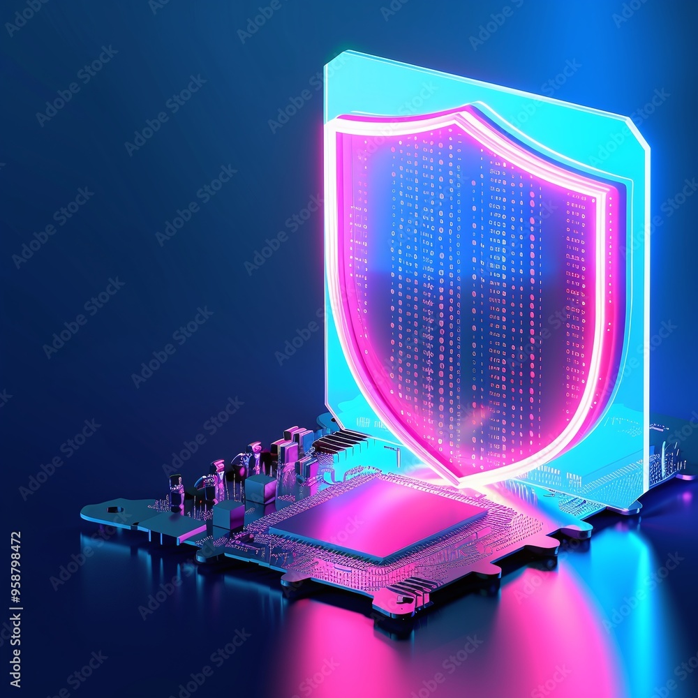 Aufkleber futuristic cybersecurity concept with a glowing shield protecting a microchip, representing digital 