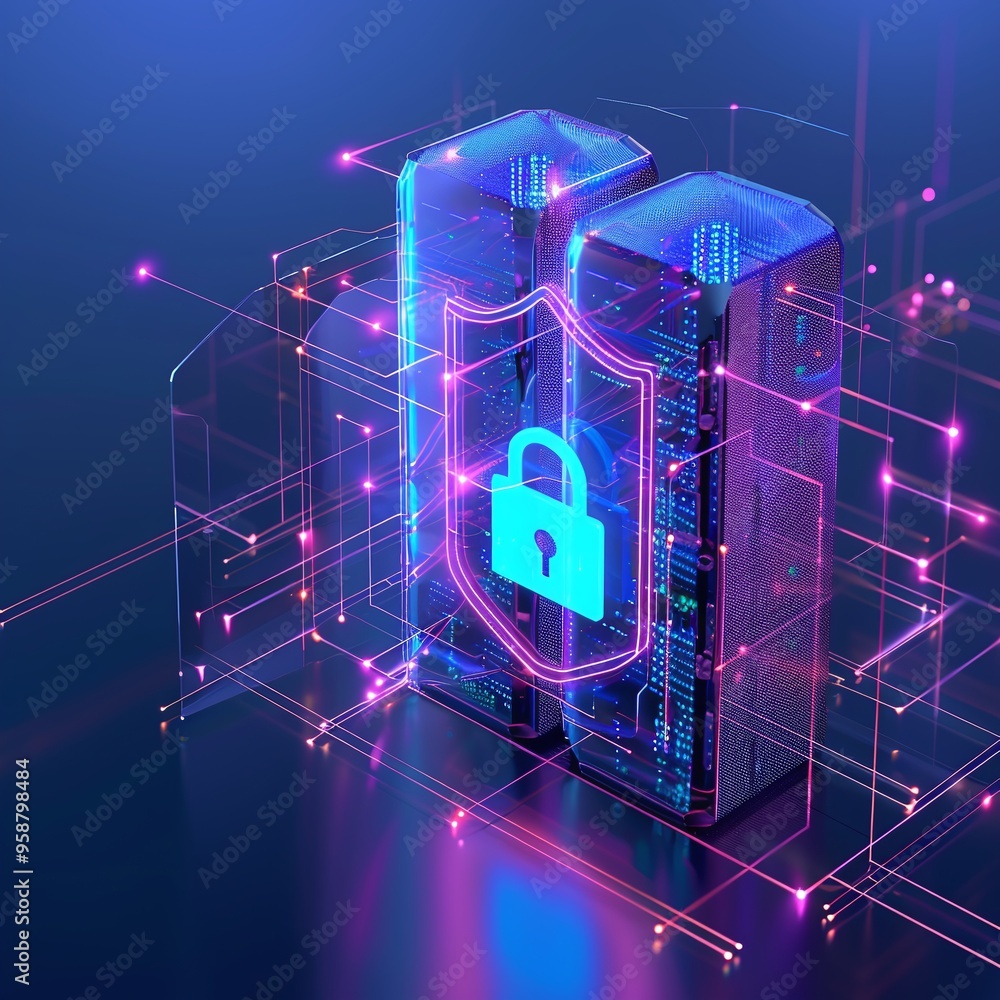 Poster futuristic cybersecurity concept with a lock icon over digital cityscape, representing data protecti