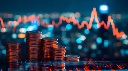 Double exposure of coins stack with graph chart and night cityscape. Economic, business, financial and stock market growth concept