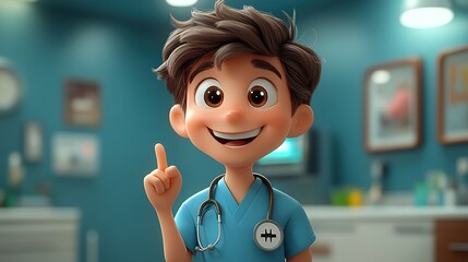 caucasian young man nurse cartoon character wears blue shirt shows right direction with fingers medical clip art isolate on light backgroun health care solution
