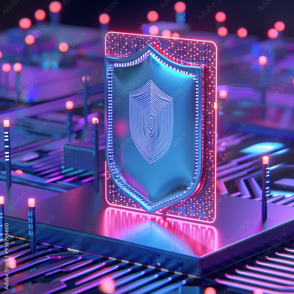 Poster futuristic cybersecurity concept with a shield icon glowing in neon colors, representing data protec