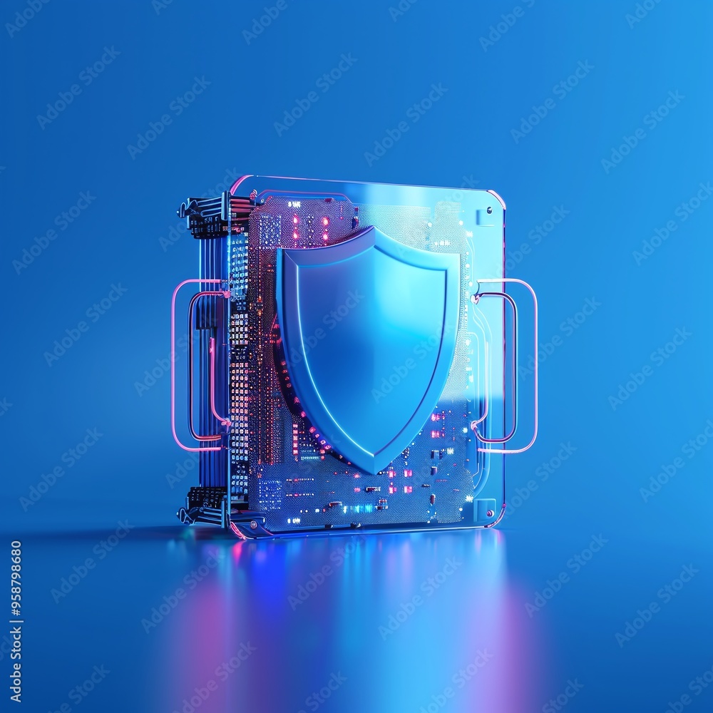 Poster futuristic cybersecurity concept with a shield on a digital device, emphasizing data protection and 