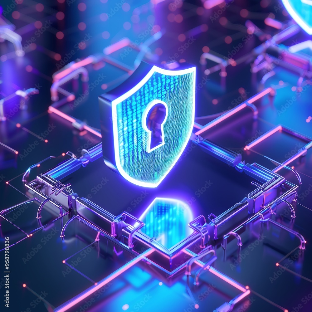 Poster futuristic cybersecurity concept with neon shield and keyhole, highlighting digital protection and d