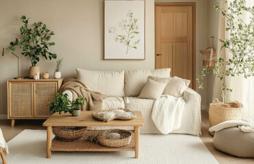 Fototapeta premium A cozy living room with beige walls, wooden furniture, and soft cushions. The sofa is covered in white linen fabric. Created with Ai