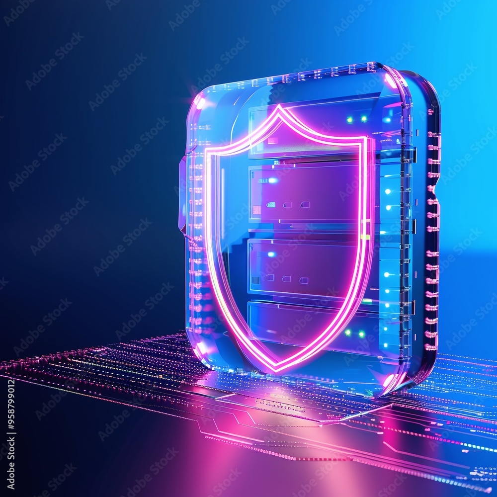 Poster futuristic cybersecurity illustration with glowing shield and server, symbolizing data protection an