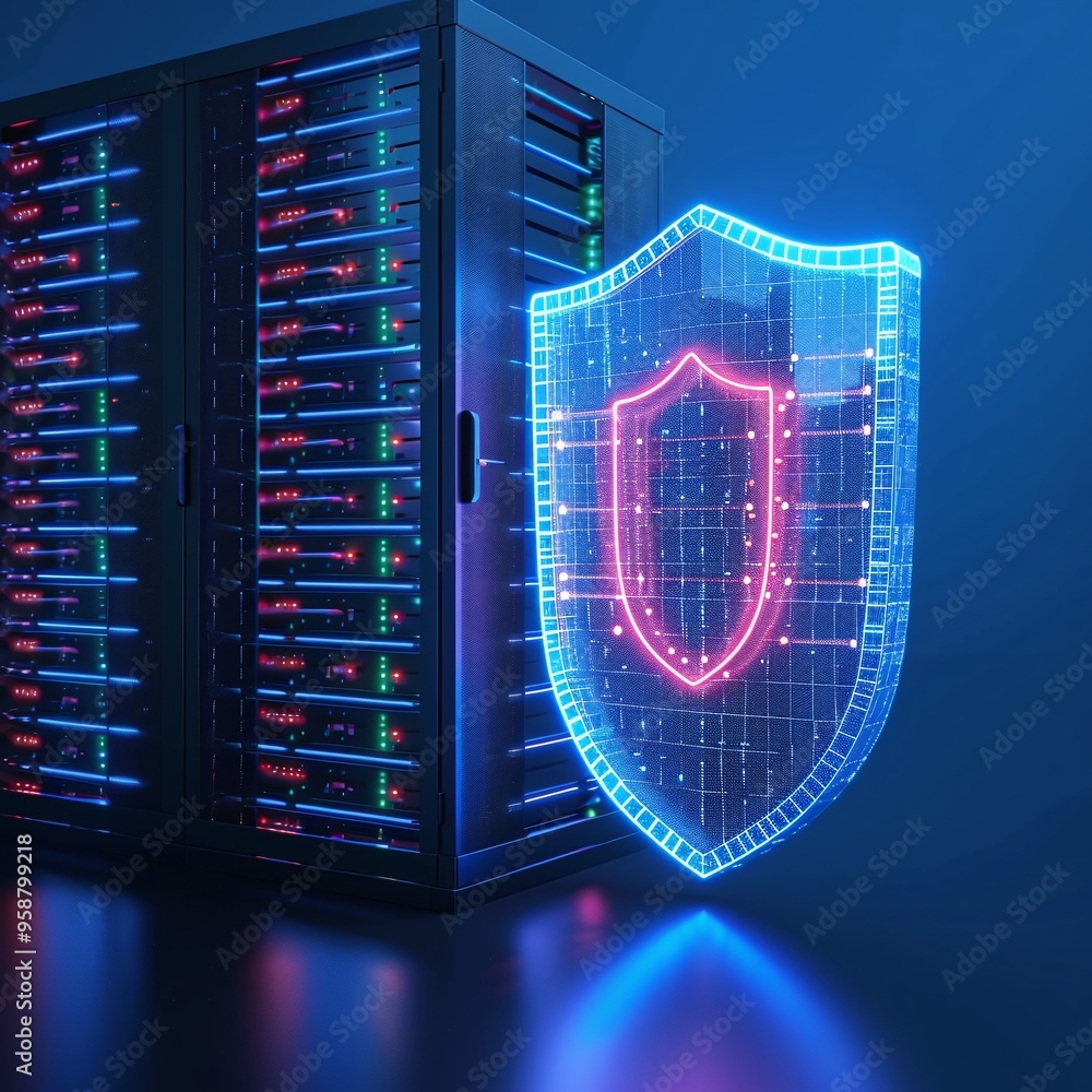 Poster futuristic cybersecurity with glowing shield protecting server racks in a data center, symbolizing d