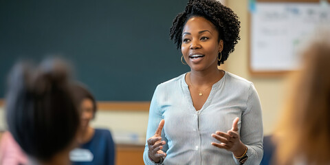 Inspiring African American teacher leading class discussion in empty classroom.