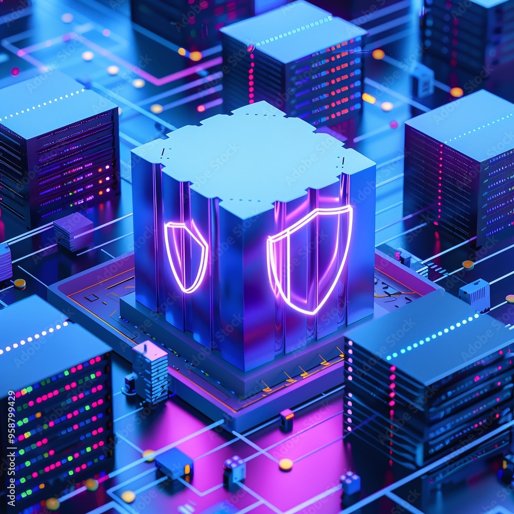 Poster futuristic data center with neon cyber security shield representing protection and technology in a d