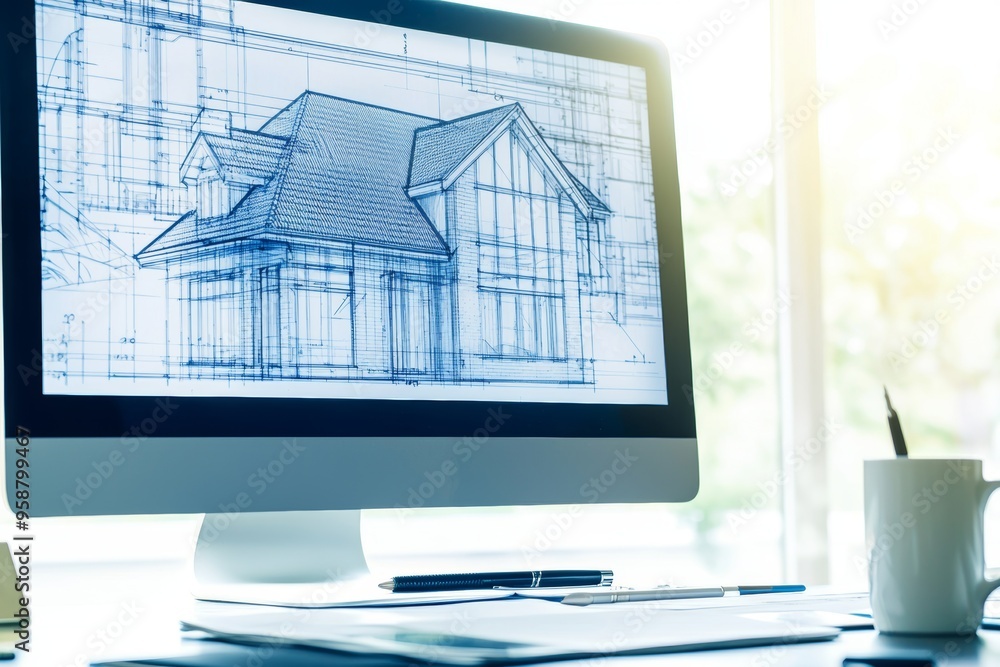 Aufkleber the concept of an architect's house with the cad sketch on the desktop computer on the white work de