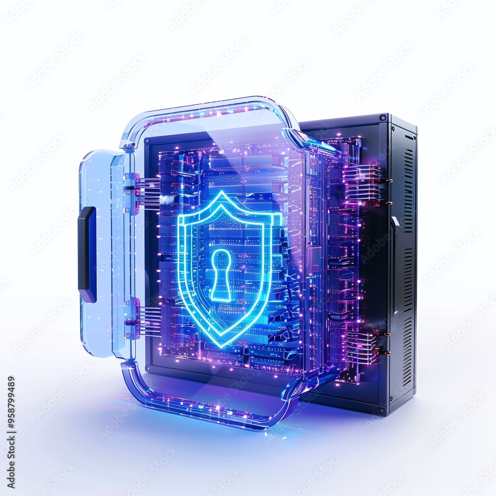 Poster futuristic data security concept with a glowing lock icon and computer server symbolizing cybersecur