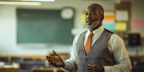 Inspiring African American teacher leading class discussion in empty classroom.