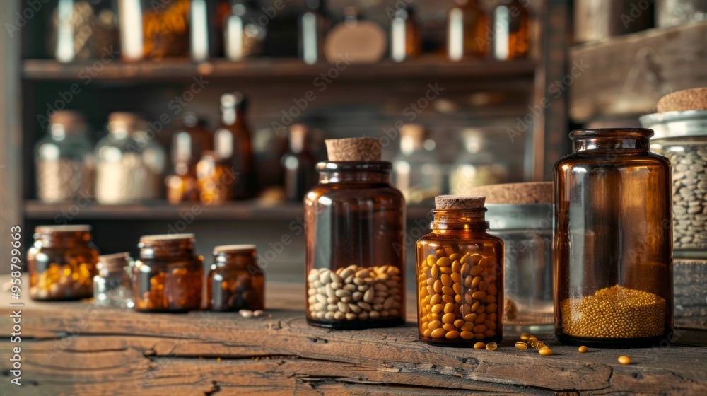 Poster a wooden shelf with many jars of different sizes and shapes