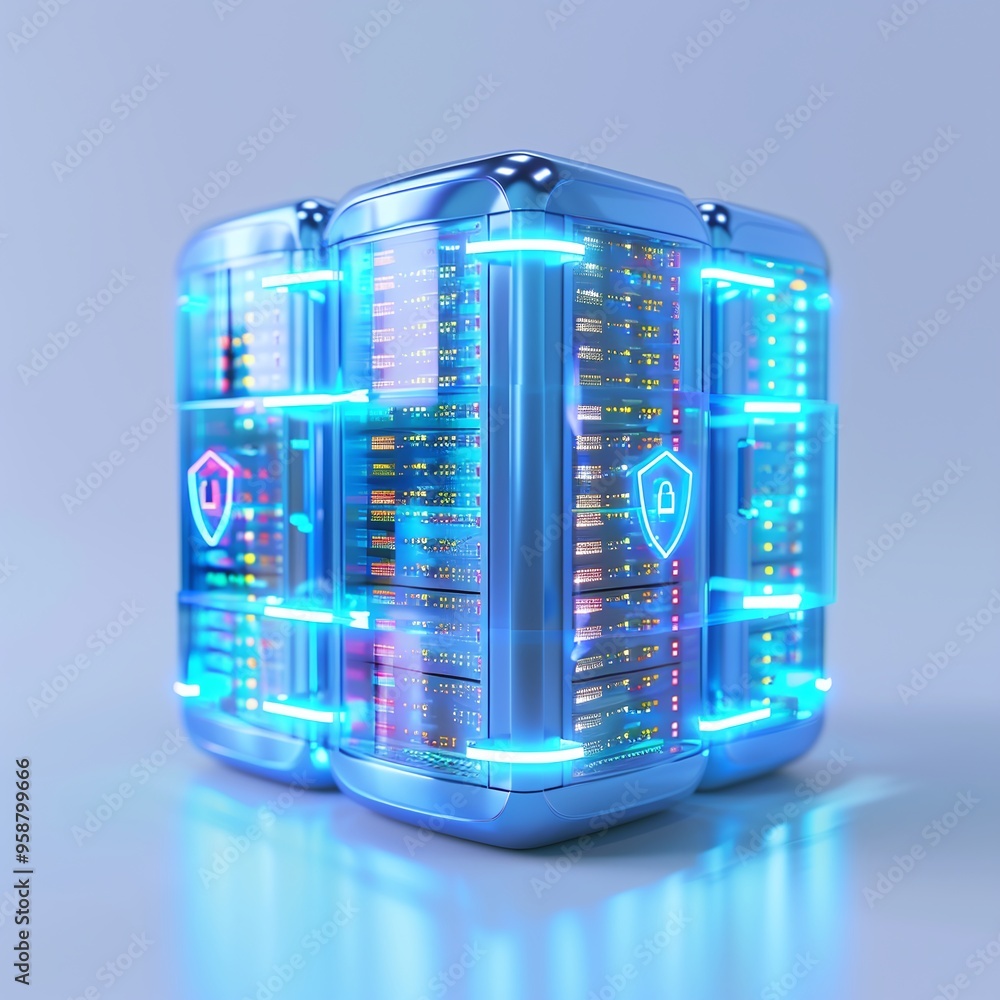 Poster futuristic data server with blue lights and shields showcasing advanced cybersecurity technology in 