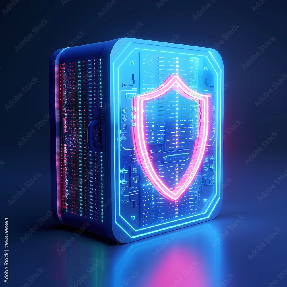 Poster futuristic data server with glowing shield icon for cyber security, representing data protection and