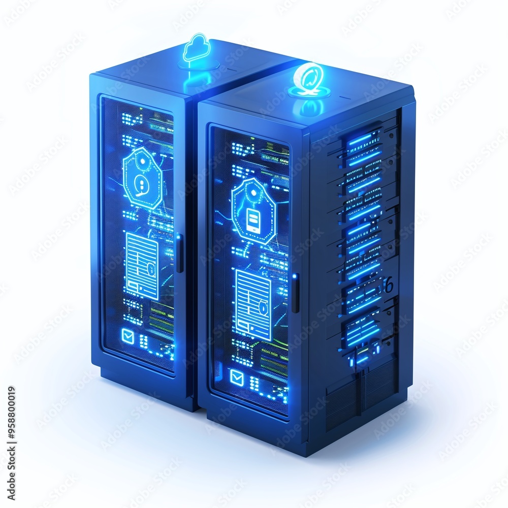 Poster futuristic data servers with holographic interfaces and glowing blue lights symbolize advanced techn