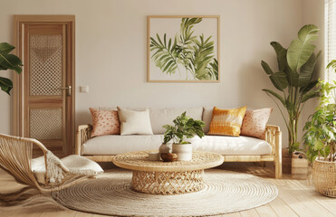 Beige living room interior with a sofa, round coffee table, and white door mockup. Created with Ai