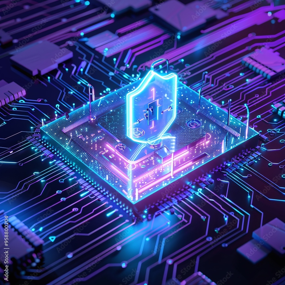 Poster futuristic digital circuit board with glowing elements, symbolizing cybersecurity and advanced techn