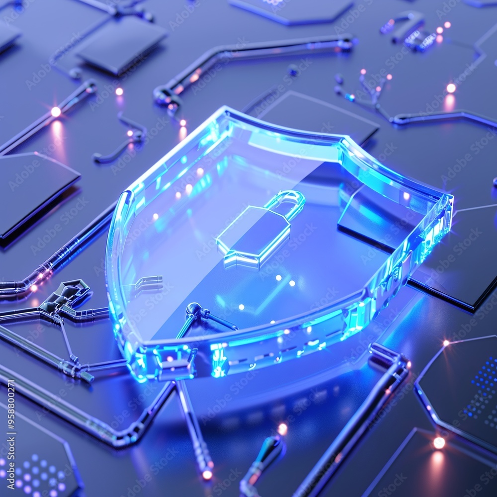 Poster futuristic digital cybersecurity concept with a glowing shield and padlock on a circuit board, symbo