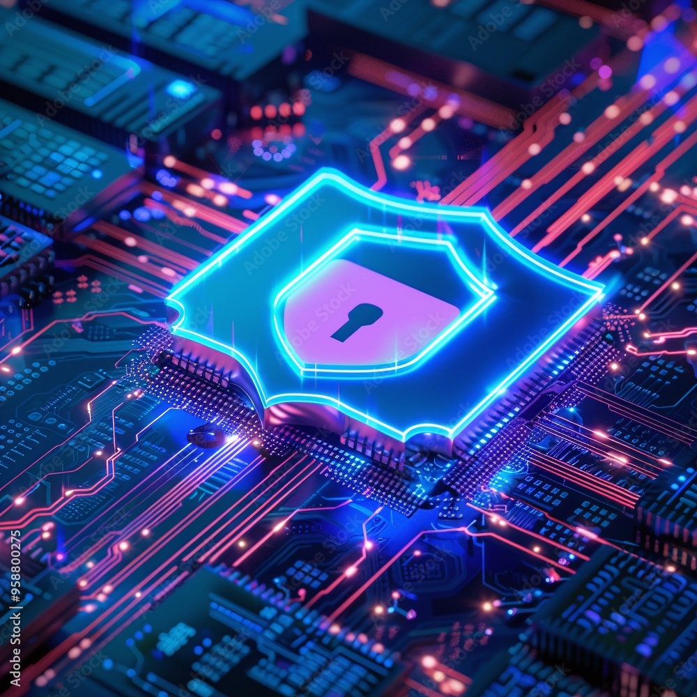 Poster futuristic digital cybersecurity concept with a glowing lock icon on a circuit board, representing h