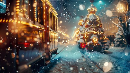 Obraz premium A vintage tram passes a Christmas tree lit with twinkling lights in a snowy city at night.