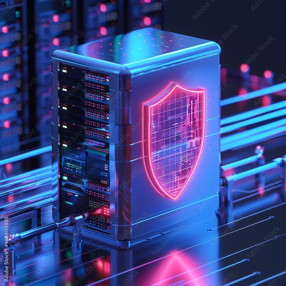 Aufkleber futuristic digital data server with a glowing shield icon representing cybersecurity in a high tech 