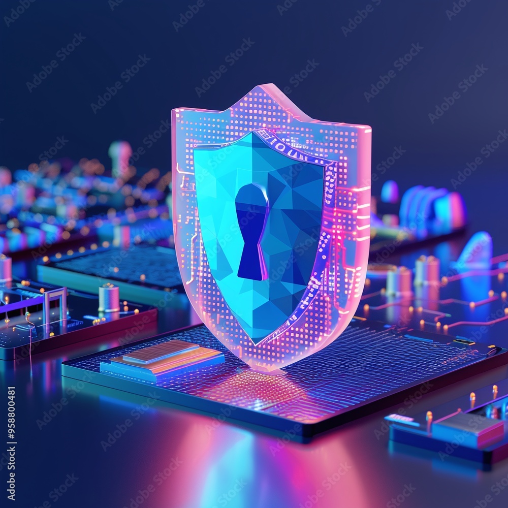 Poster futuristic digital data security concept with a glowing shield and circuit board, representing cyber