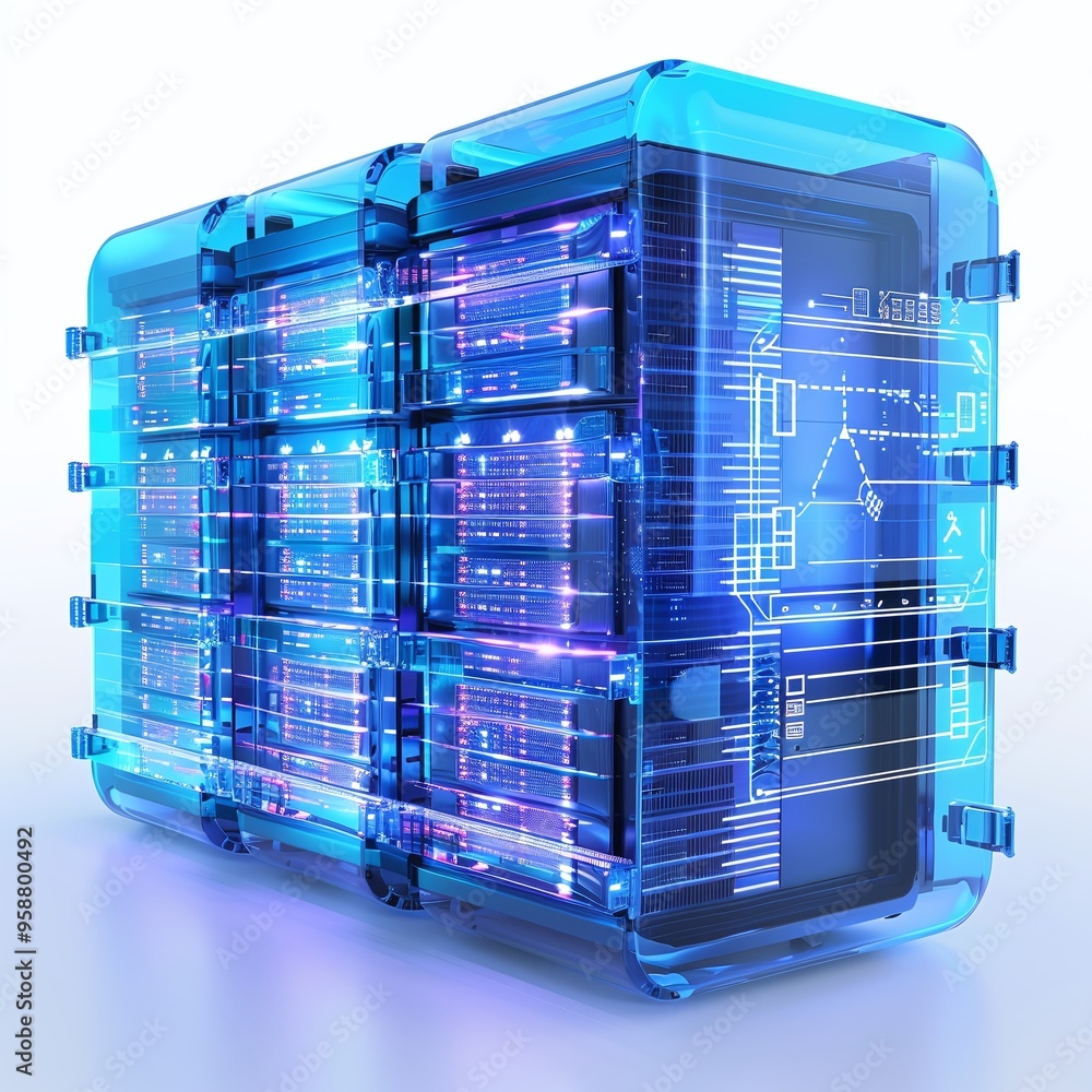 Poster futuristic digital data server with neon blue lights, showcasing advanced technology and high-perfor