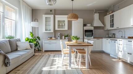 Fototapeta premium Modern Kitchen Dining Room Interior Design with White Cabinets and Wood Floor