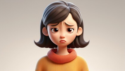 Sad Stressed Upset Disappointed Cartoon Character Young Woman in 3D Style Wearing Sweater on Light Background