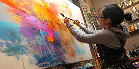 Creative Hispanic woman in art studio, applying paint to large canvas with brush.