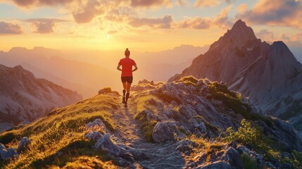 Girl jogging in picturesque mountains at sunset. Outdoor sports, running, healthy lifestyle