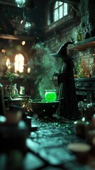 Witch&rsquo;s Potion Room with Bubbling Cauldrons, Eerie Green Glow, and a Witch Stirring Potions