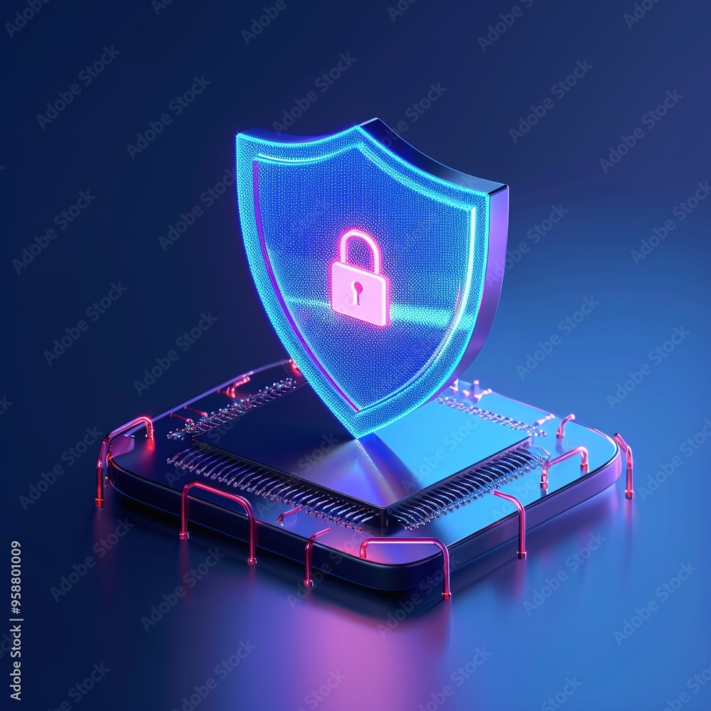 Poster futuristic digital security concept with a glowing shield and lock symbol on a microchip, representi