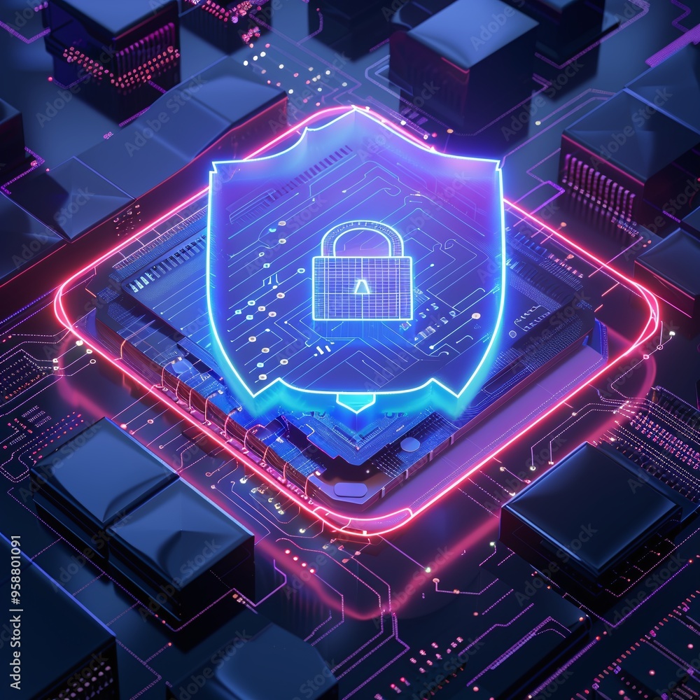 Poster futuristic digital security concept with a glowing shield and lock icon on a microchip background, r