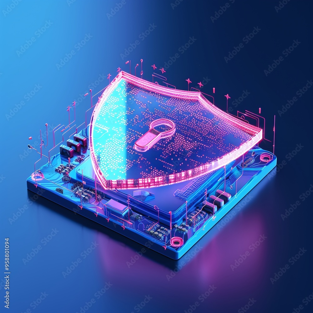 Poster futuristic digital security concept with a glowing shield and padlock on a microchip, representing c