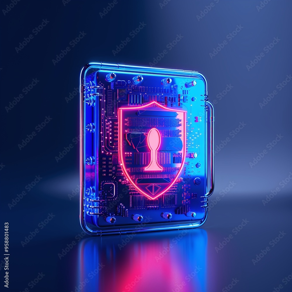 Poster futuristic digital security concept with neon lock symbol on a glowing data chip, representing cyber