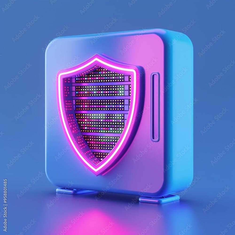 Poster futuristic digital security concept with neon shield and abstract server, symbolizing advanced cyber
