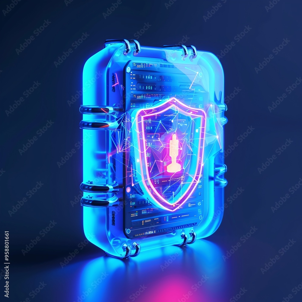 Poster futuristic digital security concept with neon shield protecting data. highlights advanced technology