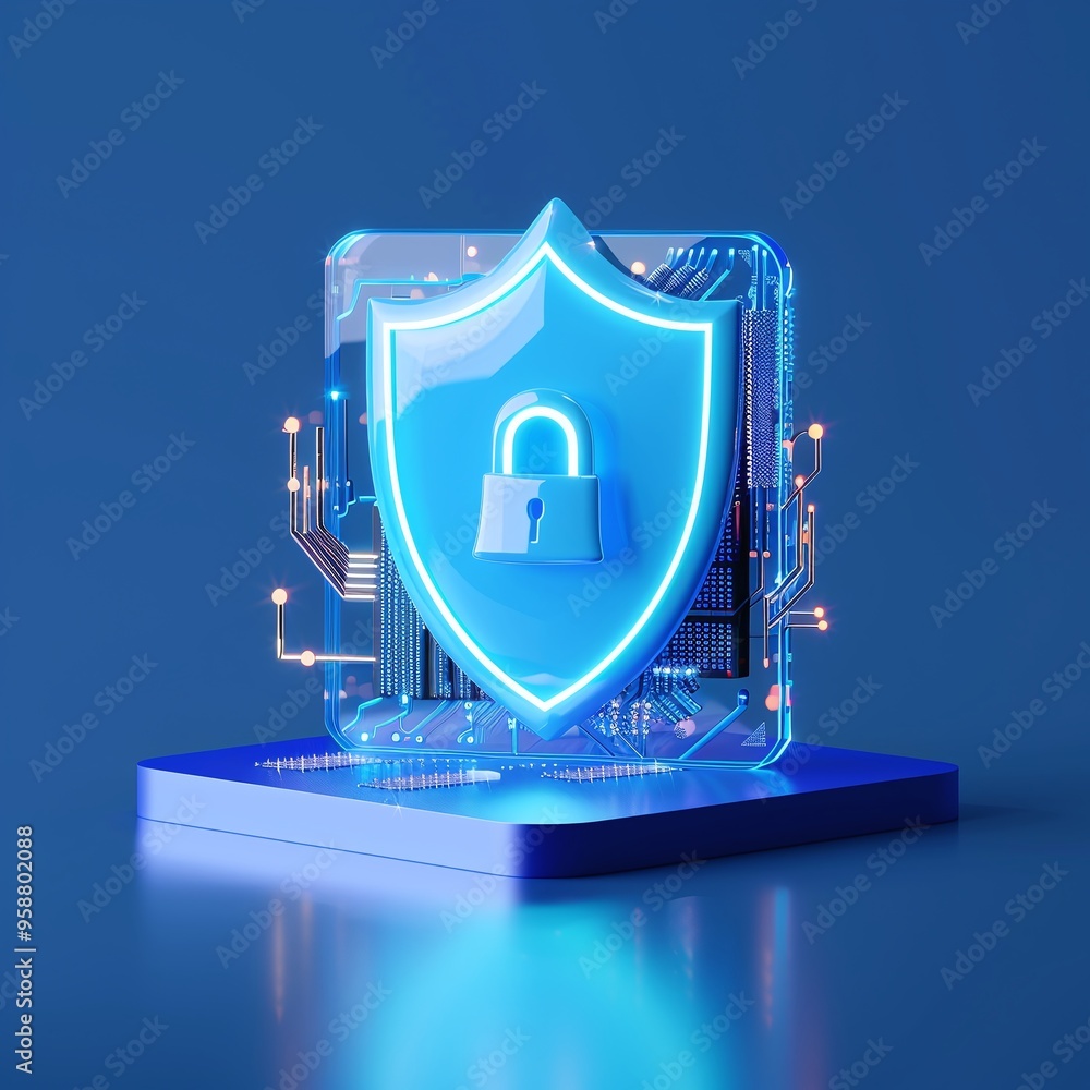Poster futuristic digital security shield with a lock icon on a blue background, representing data protecti