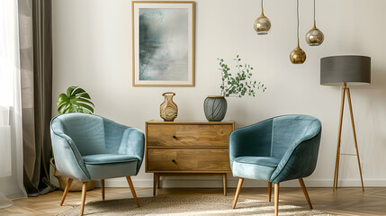 Stylish home living room interior with chairs and drawer, mockup frame for advertiser copy space. Boho design