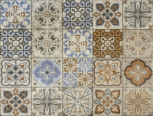 Colonial heritage patterned tiles in random various patterns. Batik, floral, star, ornamental, engraving, and other combined abstract patterns. Manual paint colonial tiles, or heritage tiles