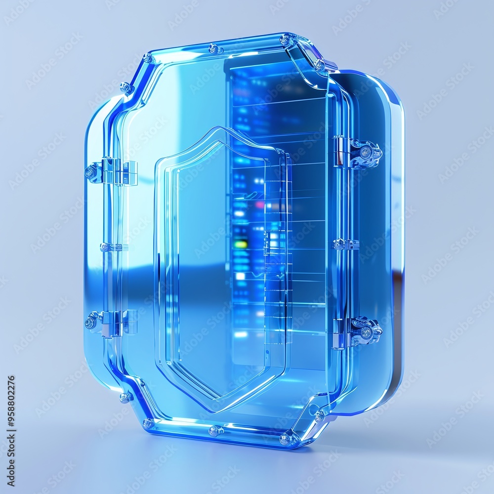 Poster futuristic digital server with a glowing blue interface, symbolizing data security and advanced tech
