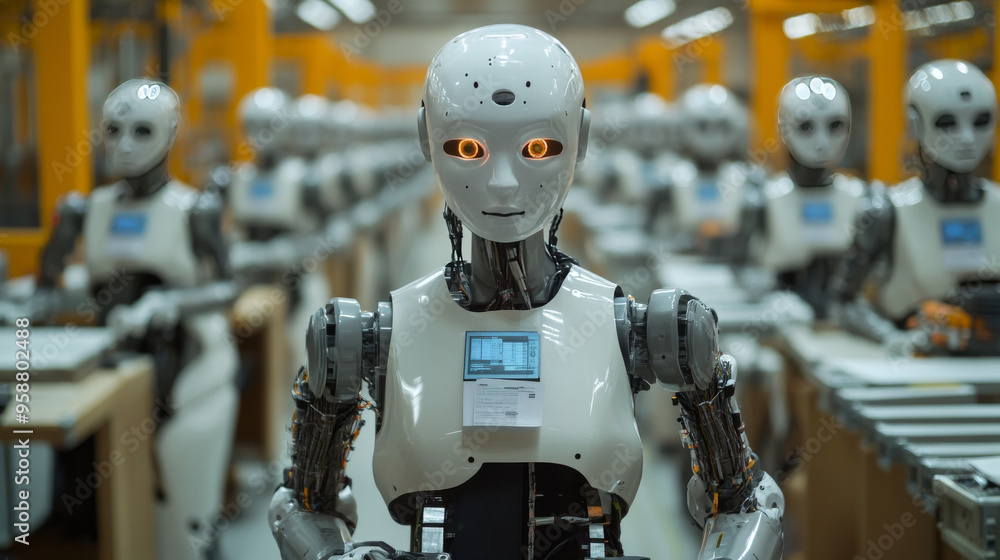 Poster robots powered by ai are working in factories. these robots, which look like humans, control robotic